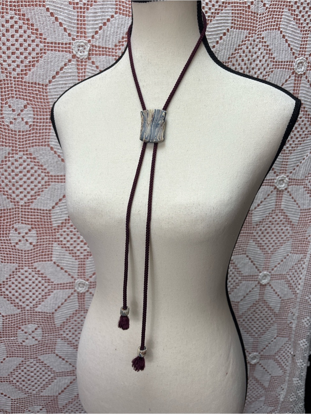 Vintage Ceramic Slide Tassel Necklace Boho Cord Necklace